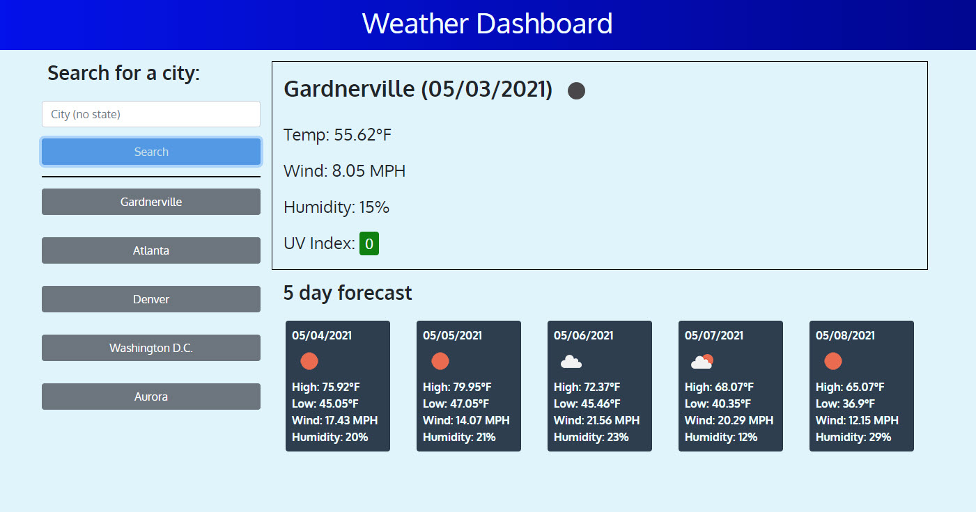 Weather Dashboard webpage image